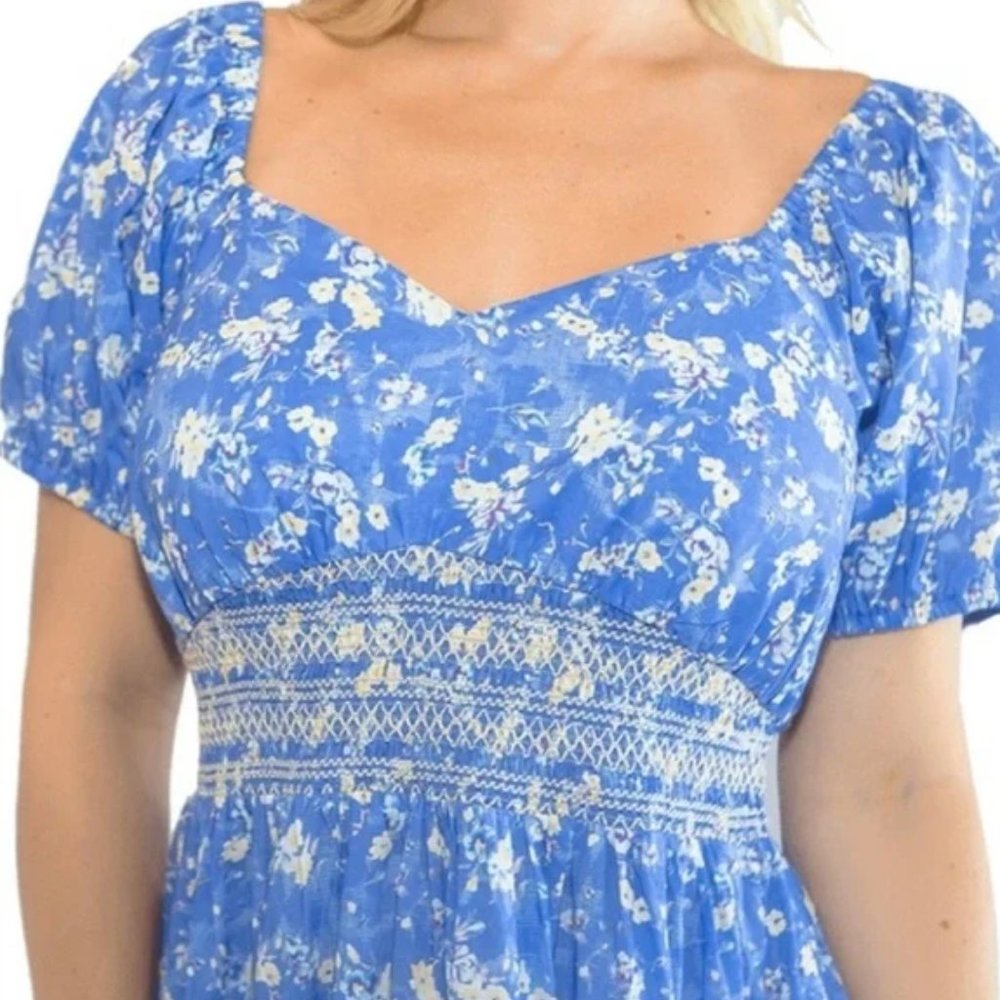 LoveShackFancy Angie Short Sleeve Floral Maxi Dress, Women's Size 4 - Blue Jay - Picture 4 of 13